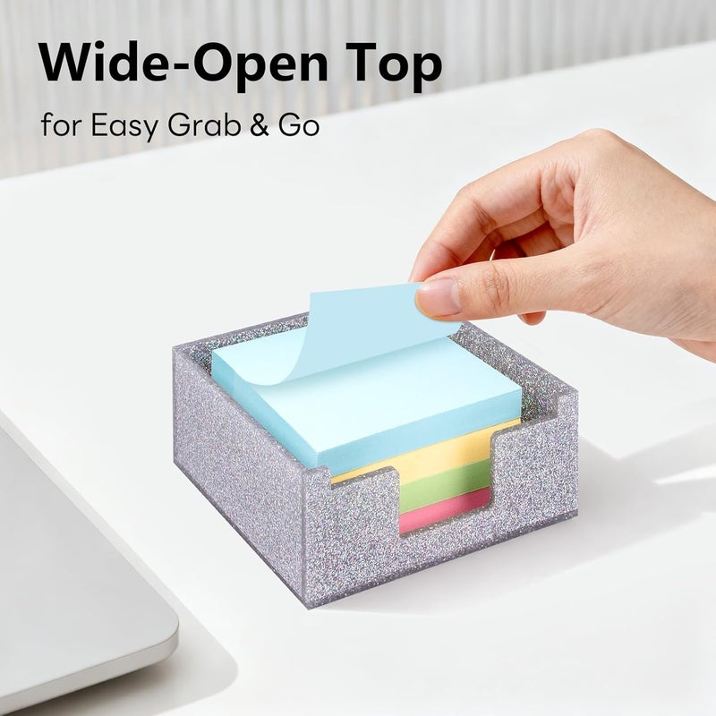 Luminzo Silver Sparkling Sticky Note Holder, Glitter Acrylic Organizer, 3.94 x 3.94 in Multi-Use Tray for Office, School & Home Desk - Image 5